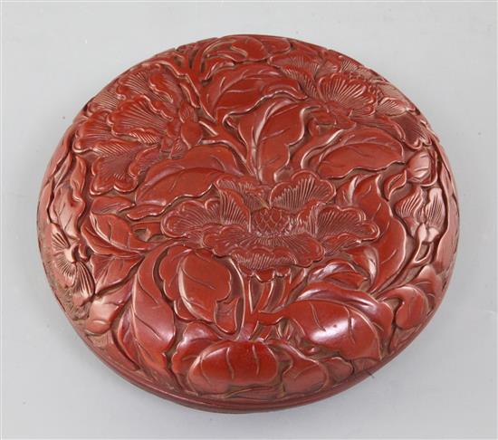 A Chinese cinnabar lacquer circular box and cover, Ming dynasty and later, diameter 17cm
